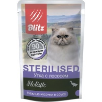 Blitz Holistic Sterilised пауч для стерил. кошек и кастр. котов кусочки в соусе Утка с лососем, 24 шт